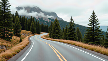 Fototapeta premium Winding road through misty mountains and evergreen trees, nature's beauty