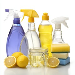 Cleaning Supplies and Fresh Ingredients for Home Cleaning, Featuring Bottles, Sponges, and Lemons on a Bright and Clean Background