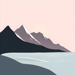 landscape with dark, silhouetted mountains against a pale pink sky and a calm