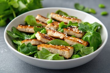 Grilled protein salad with spinach and peas healthy eating concept