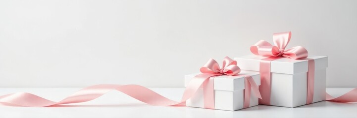 Obraz premium Pure white gift boxes with delicate pink ribbons, pristine white backdrop , white background, simple