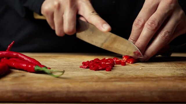 A person finely chops vibrant red chilies on a wooden cutting board, hand held, dark background