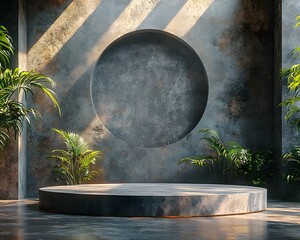 Industrial concrete podium with metallic inlays for product display