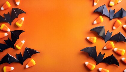 candy corn and bats on an orange background copy space