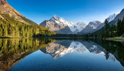 Fototapeta premium pristine mountain lake reflecting majestic peaks in transparent background