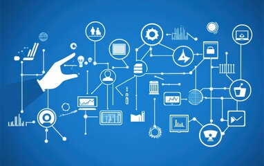 A hand interacts with a complex network of interconnected digital elements  Various technology icons and data visualizations are linked, suggesting a comprehensive system