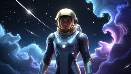 Portrait of a female astronaut in a futuristic spacesuit amidst a stellar nebula