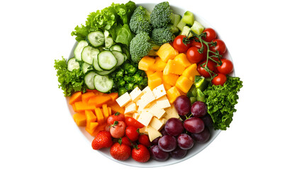 Assorted Variety of Vegetables and Fruits on Plate, Top View for Food Photography
