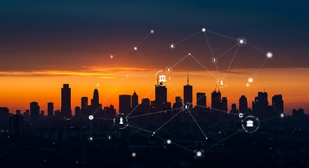 Digital network connections overlaying a city skyline silhouetted against a vibrant sunset sky, symbolizing technology, communication, and global connectivity
