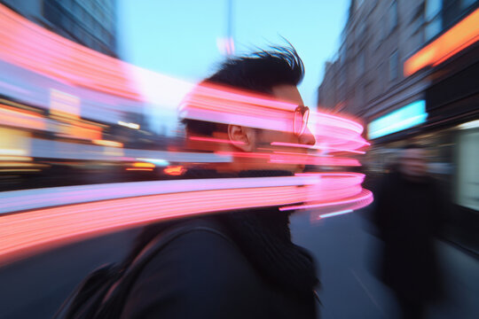 Young man walking in city with light trails at dusk
