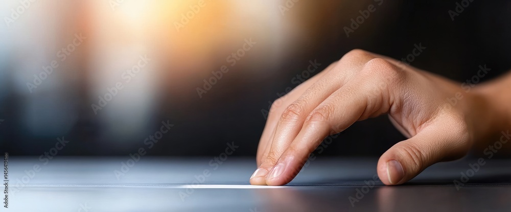 Poster hand touching smooth dark surface with white line technology interface concept
