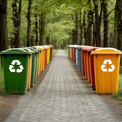 Recycling paper bins along tree-lined path eco-friendly environment zero waste concept to save the planet