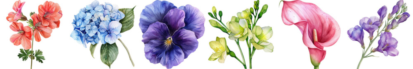Beautiful Collection of Colorful Flowers Including Geraniums, Hydrangeas, Pansies, and Calla Lilies for Floral Design Projects