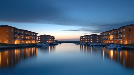 Obraz premium Sunset Marina Apartments, Calm Water Reflections