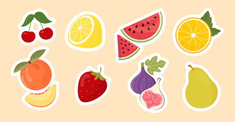 Set of fresh fruit stickers. Watermelon, strawberry, pear, peach, lemon, orange, cherry, fig. Collection of citrus fruits. Vector illustration.