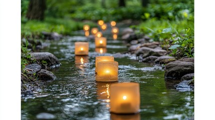 Stream with floating, glowing candle lanterns in nature