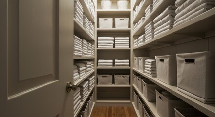 Closet with towels, photos