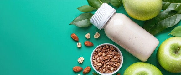 Healthy beverage with granola and fruit still life arrangement promoting balanced dietary choices