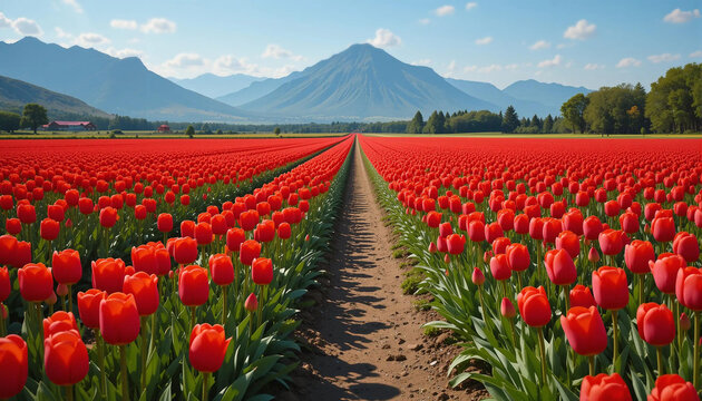 Vibrant Field of Red Tulips Stretches Towards Majestic Mountains Under a Clear Blue Sky During Springtime