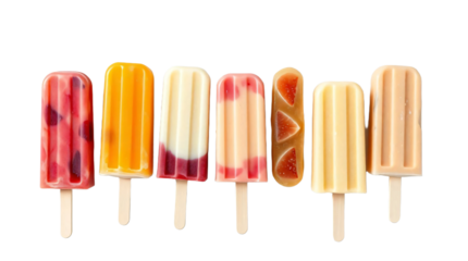 Various flavors of popsicle pieces isolated on transparent background.