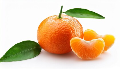 angerine or clementine with green leaf and slices isolated on white