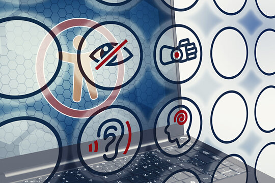 Accessibility concept with icons for disabilities over a laptop, symbolizing inclusive digital design for visual, hearing, physical, and cognitive impairments.