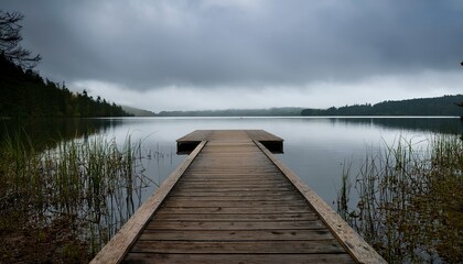 Naklejka premium dock overlooking a calm overcast lake