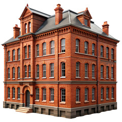 Fototapeta premium Red Brick Building Architecture 3D Model Historical Building Design Victorian Architecture School Building Municipal Building on Transparent background