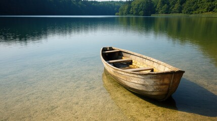 A weathered wooden boat floats gently in calm waters, framed by vibrant green trees on a serene lake in a quiet area