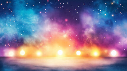Colorful cosmic background with stars and glowing light spheres  