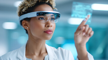 Woman using augmented reality glasses interacting with virtual screen in futuristic laboratory environment