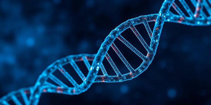 Close-up DNA strand morphing into binary code against a dark blue nebula,  molecular,  macro