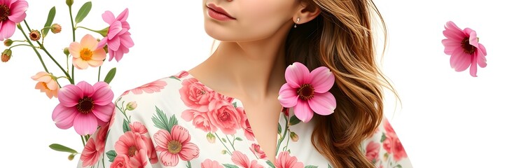 Naklejka premium Floral Fashion: Woman in floral dress with flowers.