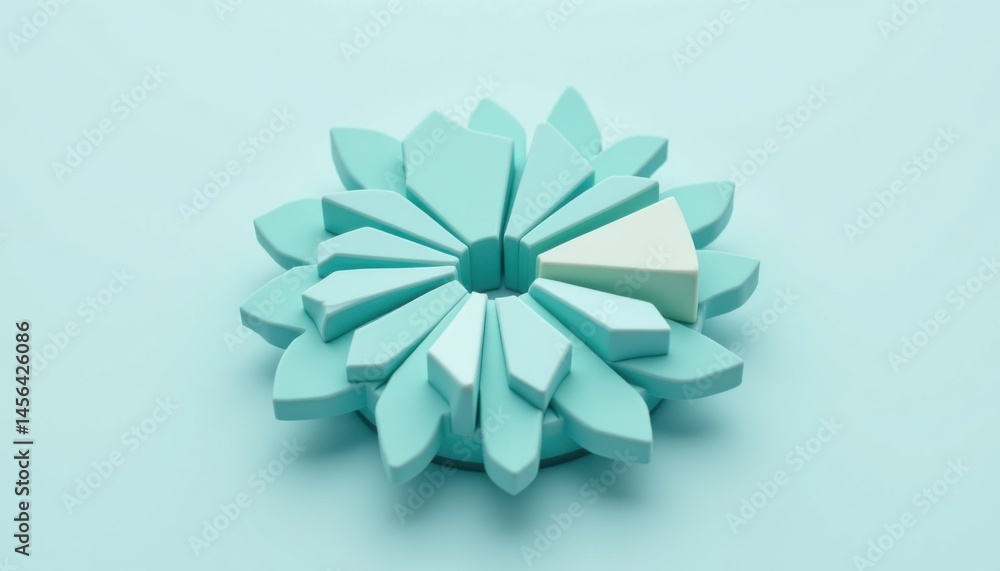 Poster abstract blue geometric flower made of petal-shaped blocks arranged in a circular pattern with one p
