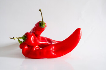 Organic red chili pepper isolated on a white background. Capsicum annuum, commonly called bell pepper or sweet pepper, from the Solanaceae family.