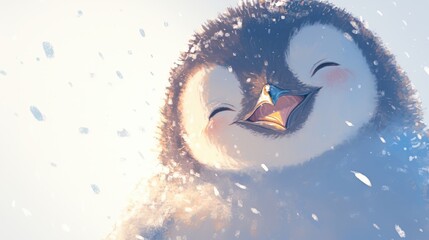 Fototapeta premium Smiling, fluffy penguin chick in snow enjoys the winter sunshine glow
