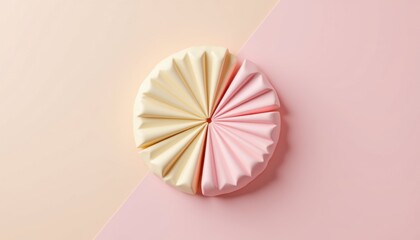A geometric pastel cake with pleated slices in cream and pink, arranged on a color-coordinated background.