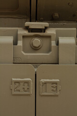 modern military war tank hatch body part in close up