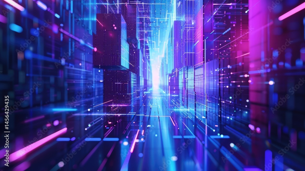 Poster futuristic cityscape with neon lights and digital grid elements. sci-fi cyberpunk concept. digital a