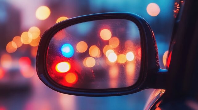 Evening city scene showing vibrant bokeh lights in the background and a car??Ts rearview mirror reflecting traffic colors