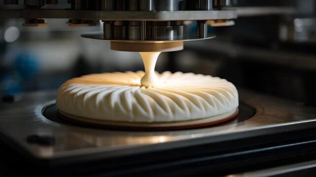 Close up view of a 3D food printer creating a white, swirling, round dessert. The machine is metallic, and the dessert is on a metallic platform. Warm light illuminates the scene.