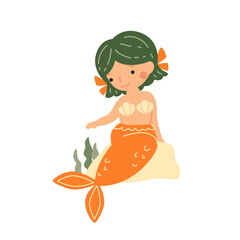 Cute cartoon mermaid with green hair and an orange tail sitting next to seaweed. Vector illustration