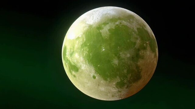 Vibrant green moon illuminates night sky, revealing celestial surface features and textures that create mystical atmosphere.