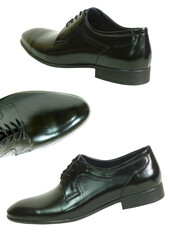 Black leather formal shoe transparent background.. Classic men's dress footwear product shot. Elegant shoe with laces.