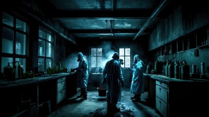 Clandestine Chemists in Abandoned Drug Lab: Silhouette of Scientists in Protective Gear Mixing Chemicals in an Underground Laboratory, Evoking Mystery and Danger of Illegal Drug Manufacturing