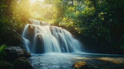Obraz premium Serene Waterfall Cascading Through Lush Tropical Rainforest in Sunlight