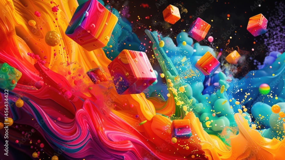 Aufkleber abstract art chaotic and energetic of mixed watercolor square object, burst of colorful light patter