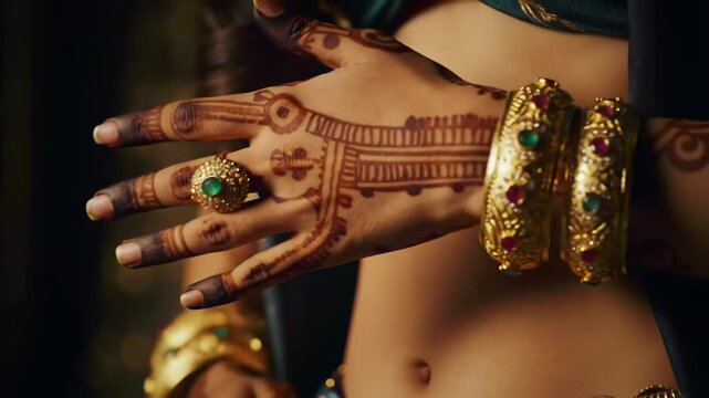 Close-up on hands adorned with intricate henna designs and gold jewelry, near the midriff. Perfect for showcasing cultural traditions, beauty rituals, or festive adornment. Embodied artistry. 4k 60fps