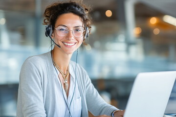 Portrait of a smiling female customer support phone operator with headset sitting at desk in office