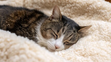 A tabby cat with closed eyes rests comfortably in a thick cream blanket, creating a peaceful atmosphere of warmth and serenity in a cozy indoor setting